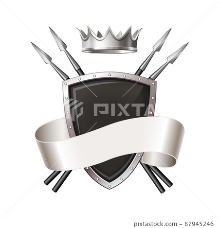 Graphic emblem composed using majestic crown, protection shield, crossed spears and ribbon. Graphic emblem composed using majestic crown, protection shield, crossed spears and ribbon. 87945246