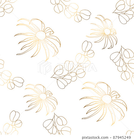 Seamless patterns. Luxurious golden foliage and chamomile isolated on white background. Line art. The line art is thin. Delicate floral pattern, gold leaf. vector file. Seamless patterns. Luxurious golden foliage and chamomile isolated on white background. Line art. The line art is thin. Delicate floral pattern, gold leaf. vector file. 87945249