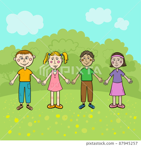 International children walk in the park on vacation in summer 87945257