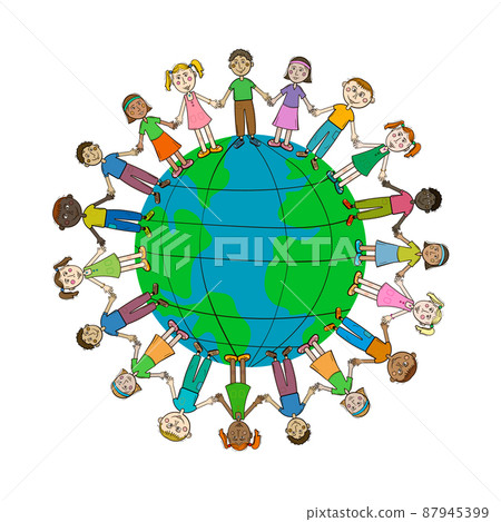 Children stand in a circle on the planet Earth Vector 87945399