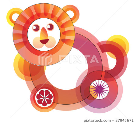 orange cute lion - car hand drawn illustration in gradient circles 87945671