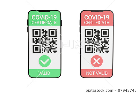 Green and red COVID vaccination certificate - qr code and check mark on mobile phone screen 3d render Green and red COVID vaccination certificate - qr code and check mark on mobile phone screen 3d render 87945743