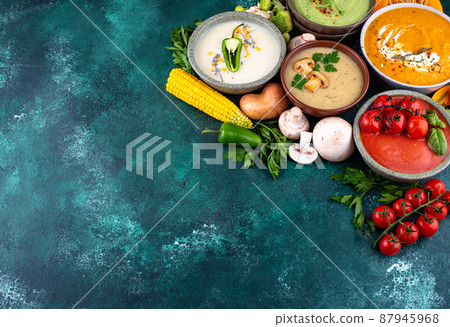 Assortment of vegetable autumn cream soups. 87945968