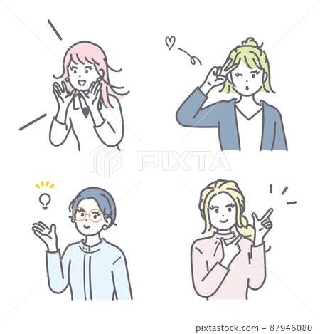 Image illustration set of young women taking various positive poses 87946080