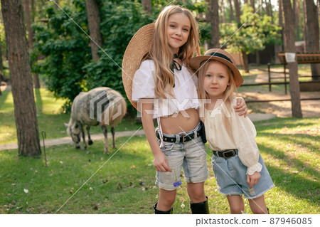 Smiling preteen girls hugging while walking in summer park with pony grazing in background Smiling preteen girls hugging while walking in summer park with pony grazing in background 87946085