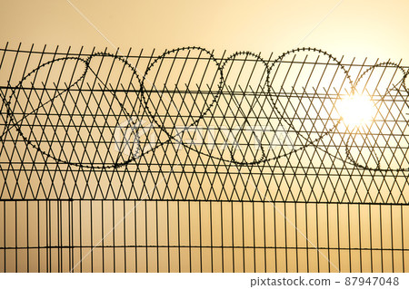 Barbed wire wall against the backdrop of the setting sun 87947048