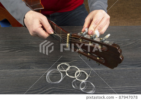 replacement and insertion of nylon strings in a classical guitar. lesson for a musician 87947078