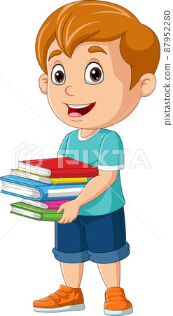 Cartoon little boy carrying a piles of book 87952280