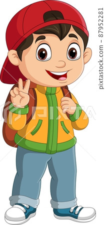 Cartoon school boy with v sign 87952281