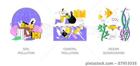 Environmental change abstract concept vector illustration set. Soil and coastal plastic pollution, ocean acidification, agricultural chemicals, water contamination, microplastic abstract metaphor. Environmental change abstract concept vector illustration set. Soil and coastal plastic pollution, ocean acidification, agricultural chemicals, water contamination, microplastic abstract metaphor. 87953038