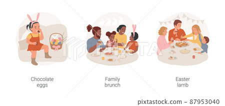 Easter meal isolated cartoon vector illustration set. Girl wearing in bunny ears eating chocolate eggs, delicious Easter lamb, happy family having brunch, celebrating at home vector cartoon. 87953040