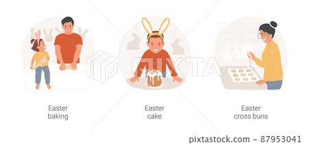 Traditional Easter food isolated cartoon vector illustration set. Happy family baking Easter cross buns, making dough, child in bunny ears looking at delicious cake, preparation vector cartoon. 87953041