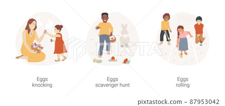 Easter games isolated cartoon vector illustration set. Eggs knocking tradition, Easter scavenger hunt for children, happy kids playing Easter eggs rolling game, festive activity vector cartoon. 87953042