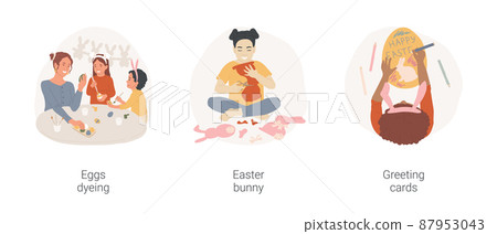 Easter crafts isolated cartoon vector illustration set. Happy family painting Easter eggs together, girl making craft bunny, diy greeting cards, religious holiday preparation vector cartoon. 87953043