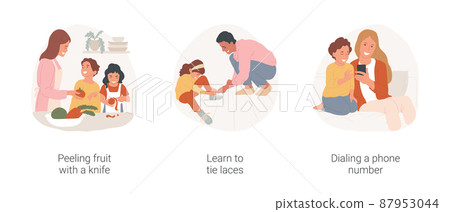 Self-care kindergarten exercise isolated cartoon vector illustration set. Peeling fruit with a knife, learn to tie laces, dialing a phone number, getting dressed, early education vector cartoon. 87953044