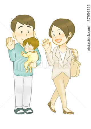 一個孩子被一個男人抱著一個送去上班的女人 一個孩子被一個男人抱著一個送去上班的女人 87954523