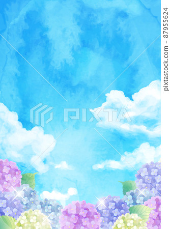 藍天和繡球雨季的矢量插圖背景（水彩） 87955624