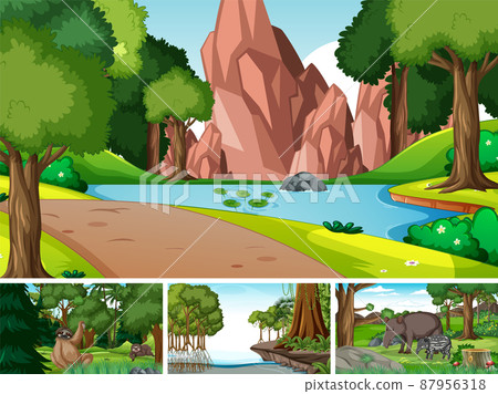 Four scenes with wild animals in jungle - Stock Illustration [87956318] -  PIXTA