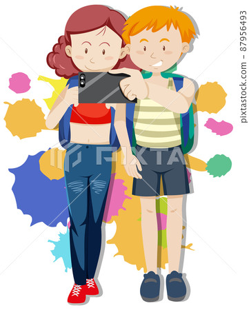 Boy and girl taking picture with phone Boy and girl taking picture with phone 87956493