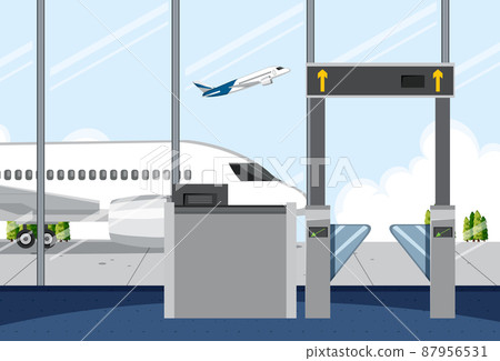 Empty airport boarding gate with view of airplane Empty airport boarding gate with view of airplane 87956531