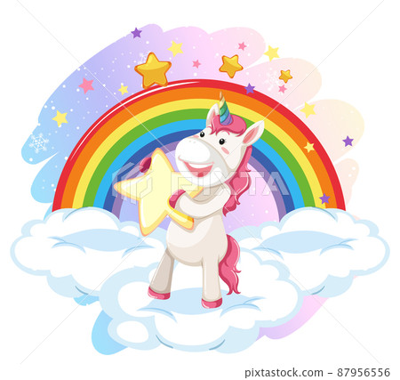 Cute unicorn sitting on a cloud with rainbow 87956556