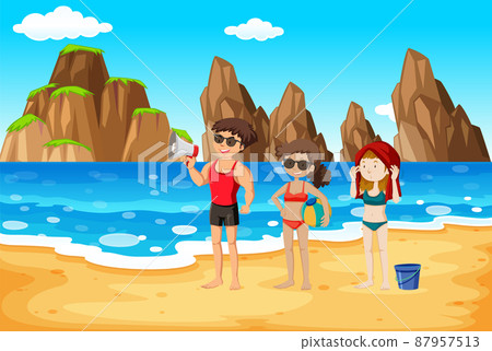 Beach scene wtih people in summer clothes Beach scene wtih people in summer clothes 87957513