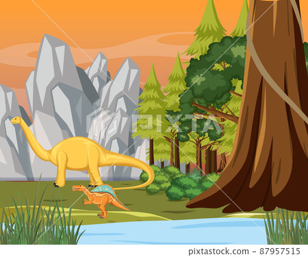Scene with many dinosaurs in forest Scene with many dinosaurs in forest 87957515