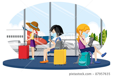 Passengers waiting at a gate to board in cartoon style Passengers waiting at a gate to board in cartoon style 87957635
