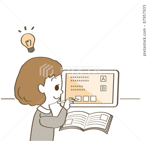 Illustration material: Elementary school student with a smile who is enthusiastic about learning tablets (girl / light bulb mark / single color with main line / pen) 87957935