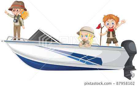 Boy and girl in safari outfit sitting on a boat on a white background Boy and girl in safari outfit sitting on a boat on a white background 87958102