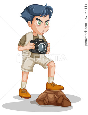 Boy in scout uniform holding camera Boy in scout uniform holding camera 87958114