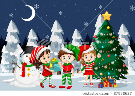 Children celebrating Christmas with decorated christmas tree Children celebrating Christmas with decorated christmas tree 87958627