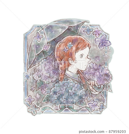 Rainy day hydrangea and girl 87959203