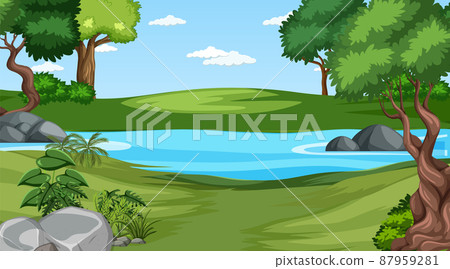 Nature scene with pond and trees - Stock Illustration [87959281] - PIXTA