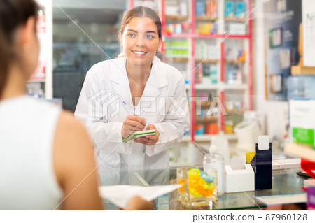 Portrait of a young female pharmacist in a pharmacy taking an order for a medicine 87960128