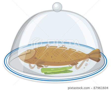 Grilled fish on round plate with glass cover on white background Grilled fish on round plate with glass cover on white background 87961604