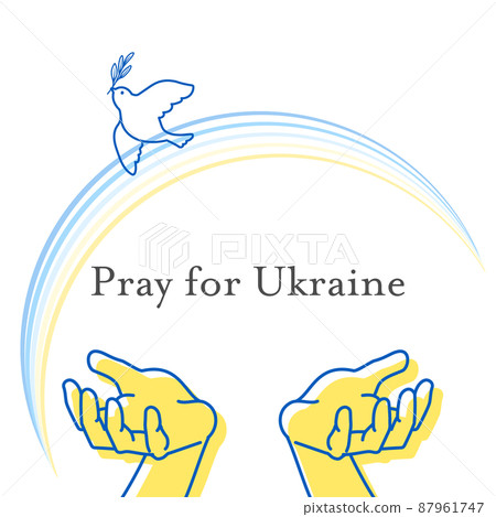Illustration of hands and pigeons praying for peace in Ukraine (background illustration for anti-war message) 87961747