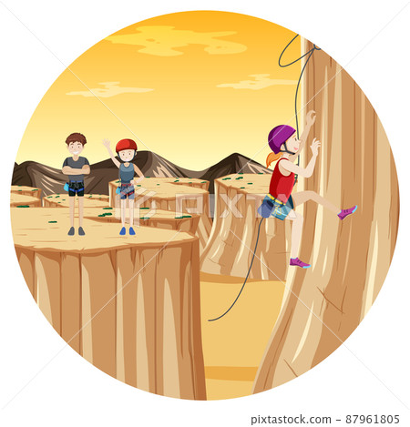 Scene with people climbing rocky moutain on circle artboard 87961805