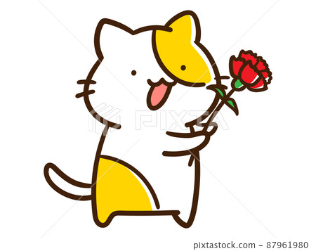 一隻給康乃馨的可愛貓的手寫風格插圖 87961980