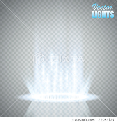 Magic fantasy portal. Futuristic teleport. Light effect. Blue candles rays of a night scene with sparks on a transparent background. Empty light effect of the podium. Disco club dancefloor. 87962185