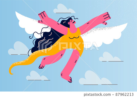Happy woman with wings flying in sky Happy woman with wings flying in sky 87962213