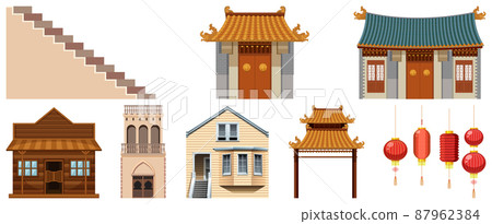 Different designs of buildings on white background 87962384