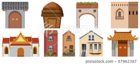 Different design of buildings on white background 87962387
