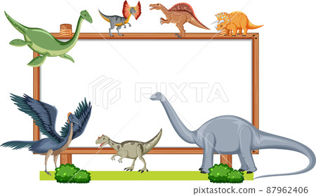 Group of dinosaurs around board on white background 87962406