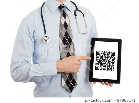 Doctor holding tablet - QR-code Doctor holding tablet - QR-code 87963171