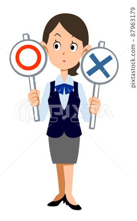 A female employee wearing a uniform wears a correct answer and a wrong answer 87963179
