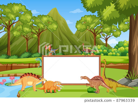 Scene with dinosaurs and whiteboard in the forest 87963339