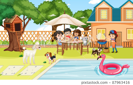 Scene of backyard with kids and fence 87963416