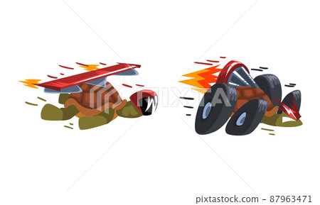 Fast turtles set. Funny tortoise with flaming turbo speed booster cartoon vector illustration 87963471