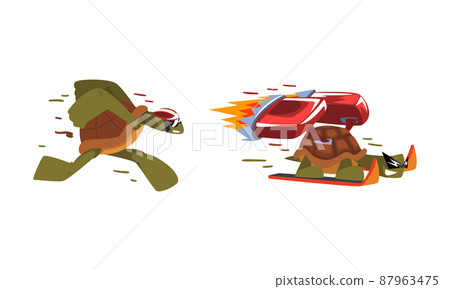 Fast funny turtles set. Funny tortoise running and skiing with turbo speed booster cartoon vector illustration 87963475